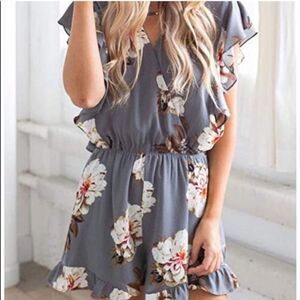 Gray Floral Ruffle Romper